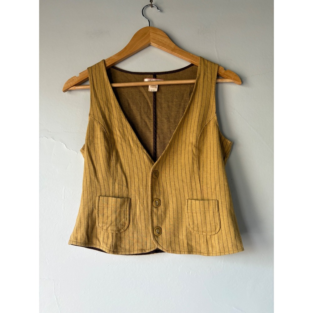 Vintage Lux Yellow Herringbone Button Front Vest Size M - Picture 2 of 5
